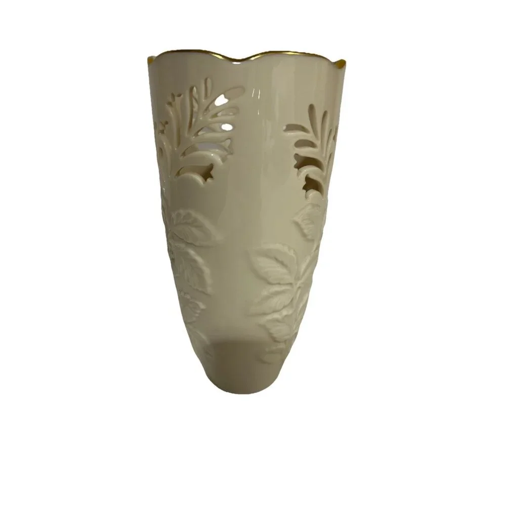Lenox Westbury Vase  Embossed Leaf Pierced Cutout Ivory Gold Trim 6 7/8